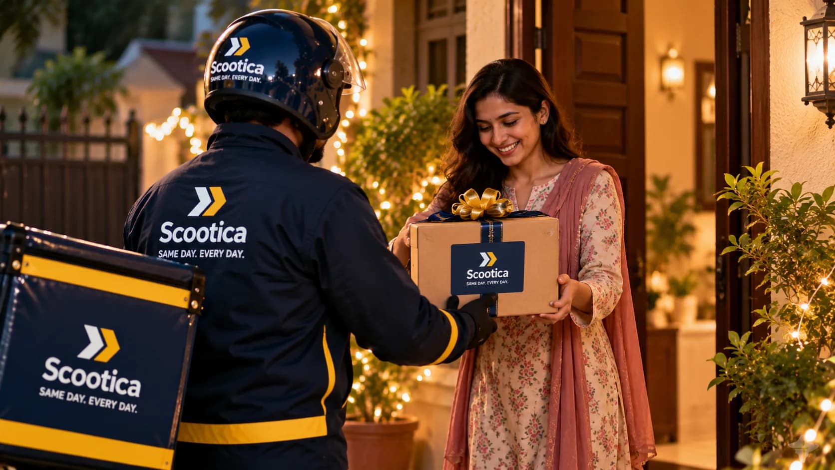 A Scootica rider handing a wrapped gift to a woman at a lit doorway