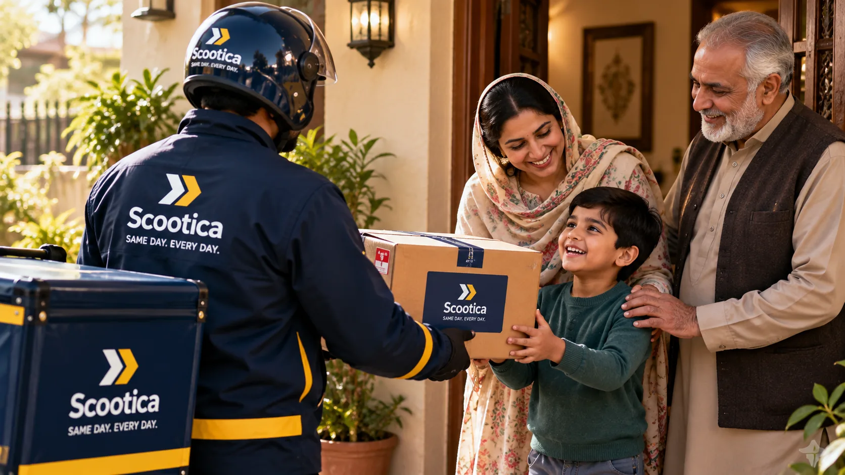 A Scootica rider handing a parcel to a family at their front door.