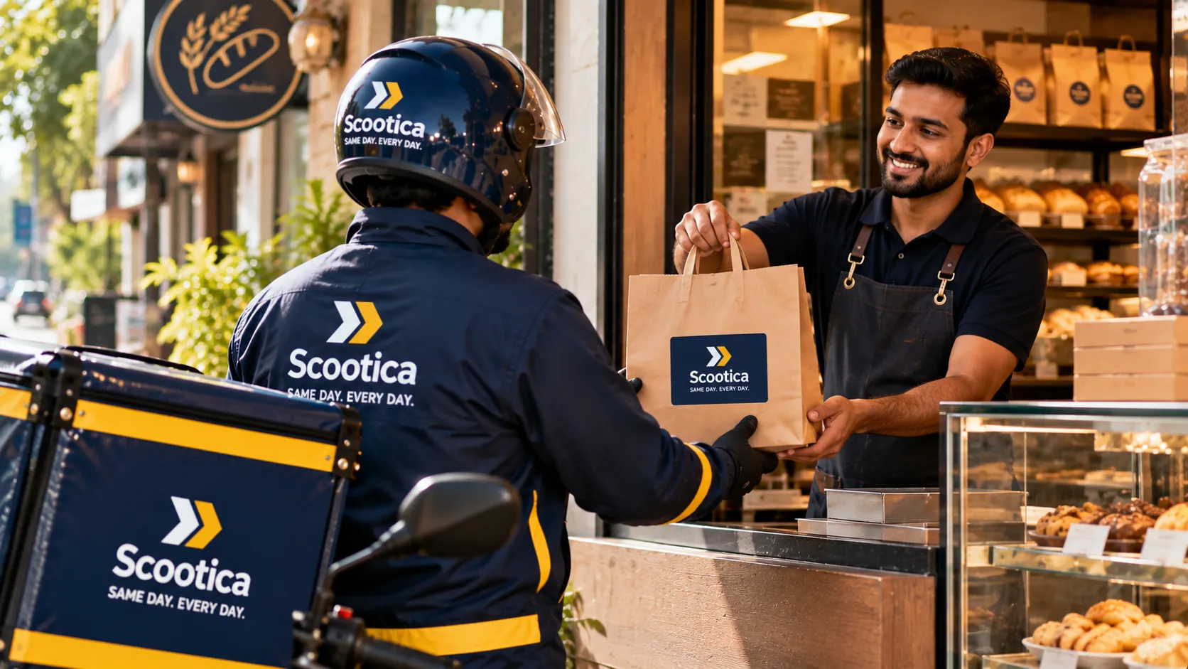 A Scootica rider taking a parcel from a shopkeeper at a bakery counter.