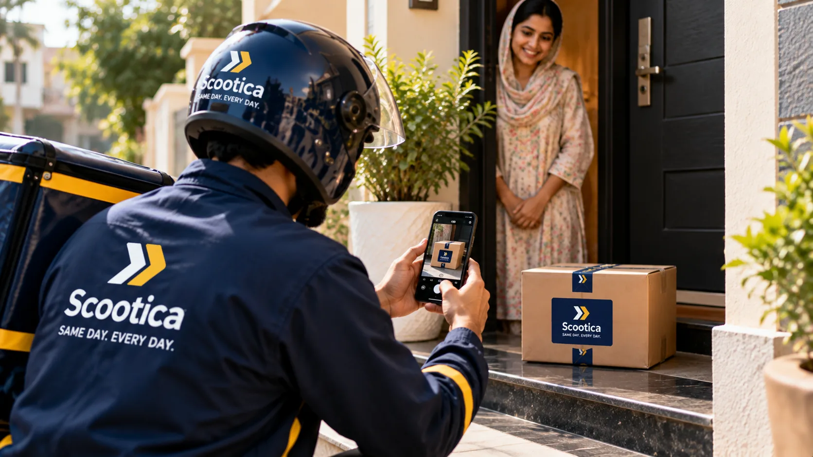 A Scootica rider photographing a parcel at a doorstep.