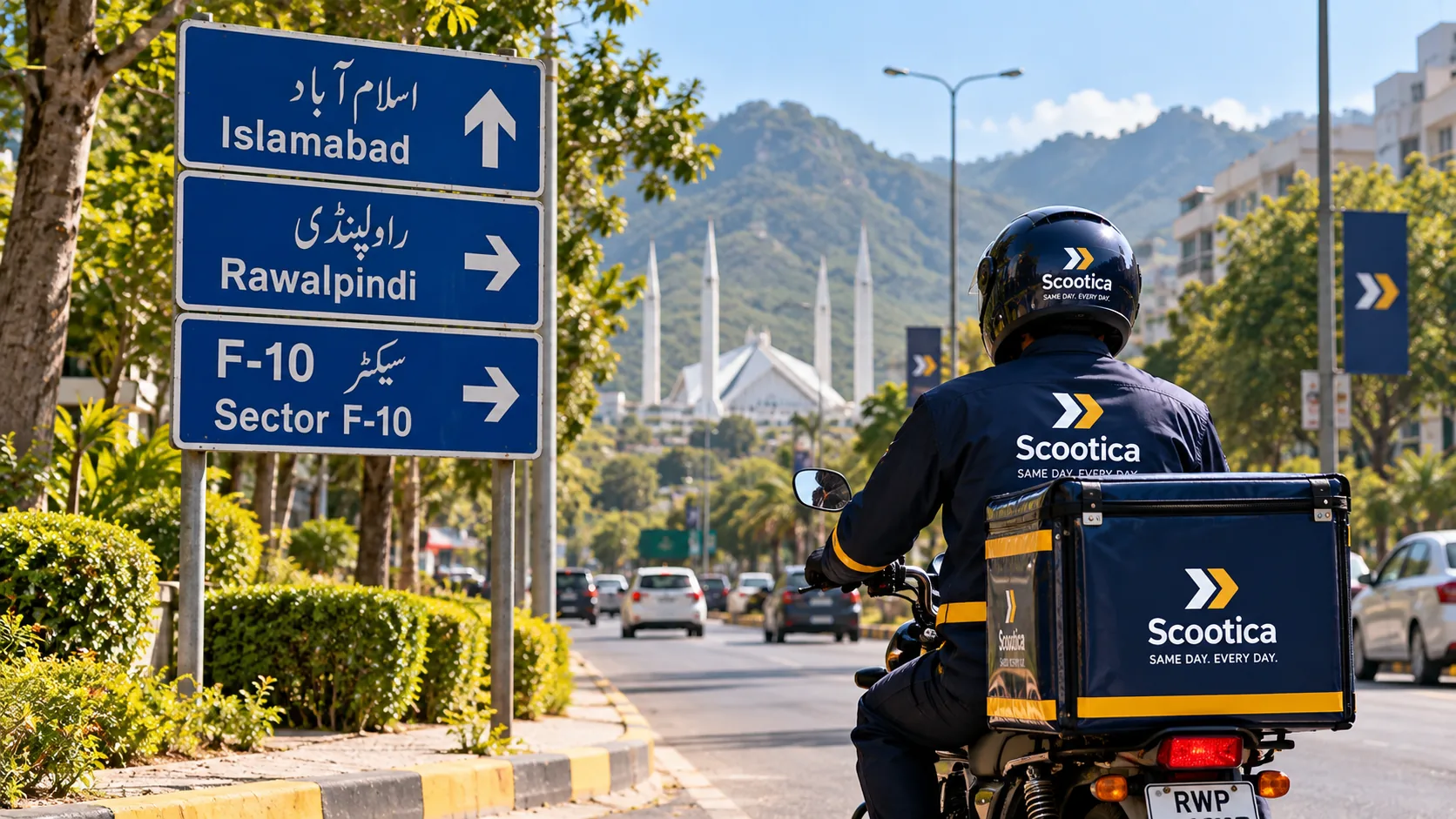 A Scootica rider on the road beside a sign for Islamabad, Rawalpindi and Sector F-10.