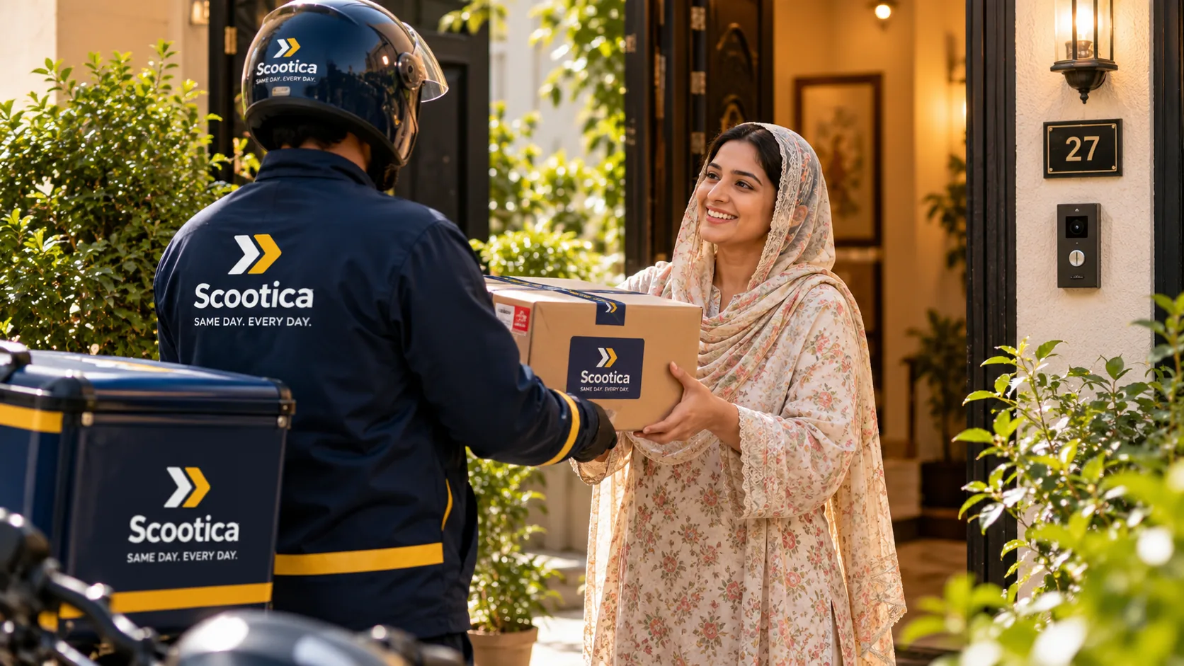 A Scootica rider handing a parcel to a customer at her front door.