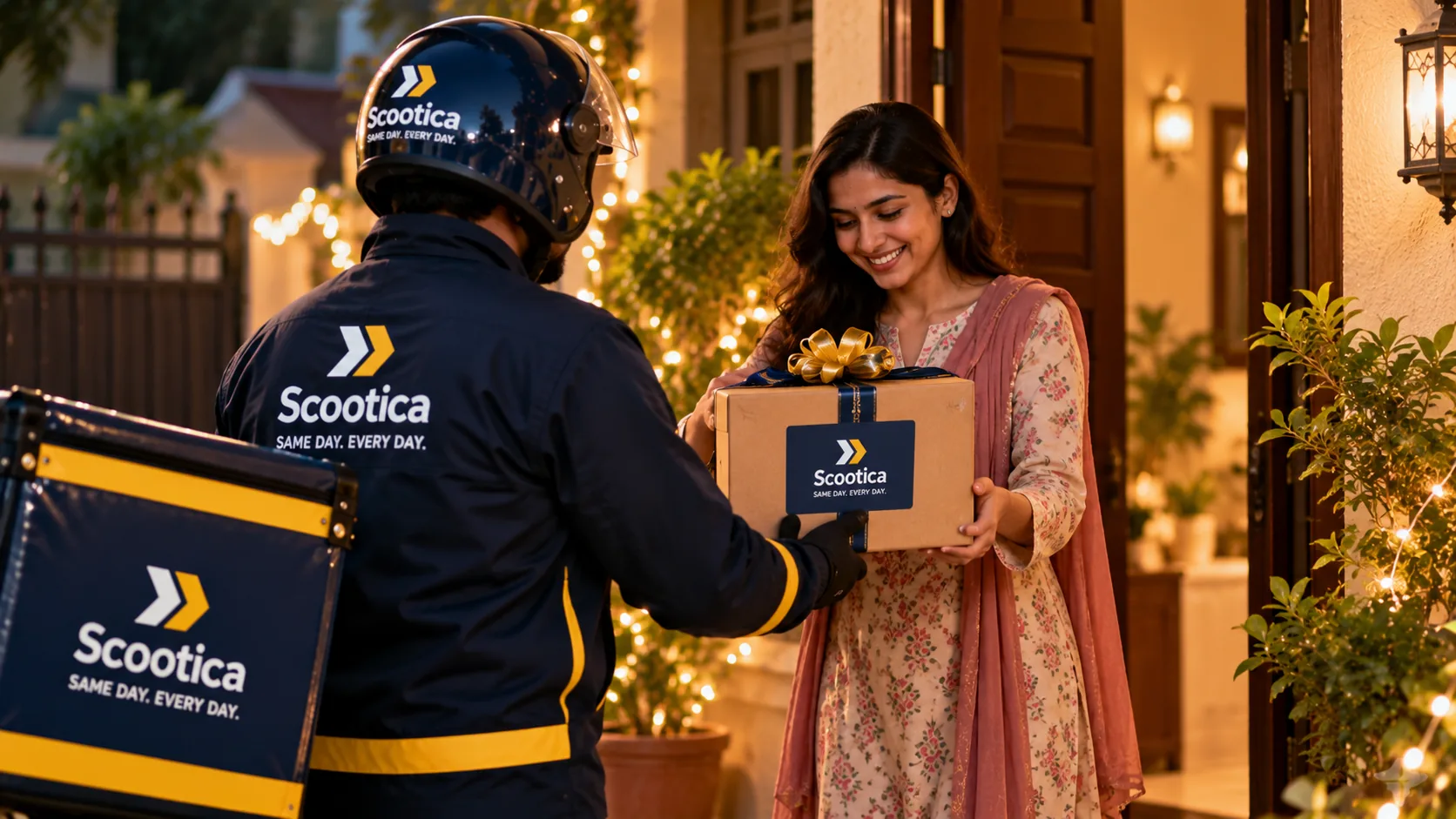 A Scootica rider handing a wrapped gift to a woman at her door in the evening.